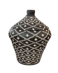 African Tribal Motif Basket w/lid - Black withCream Diamonds