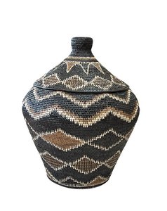 African Tribal Motif Basket w/lid - Black with Brown & Cream Diamonds & Zigzag