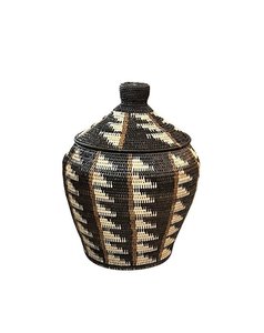 African Tribal Motif Basket w/lid - Black, Cream & Brown Ladder Pattern