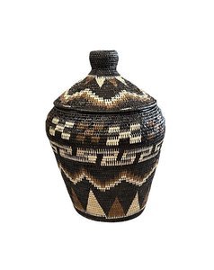 African Tribal Motif Basket w/lid - Black with Brown & Cream Varied Patterns