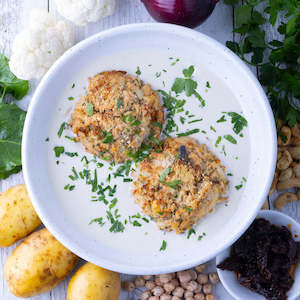 Greek Potato & Chickpea Cakes w Creamy Cauli Cashew Sauce