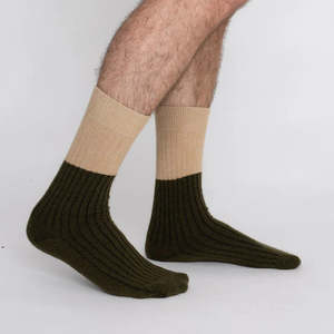 Possum Merino Socks - H Stripe Military Olive & Beige | NOOAN