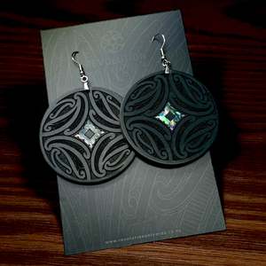 Accessories: Earrings - Pumanawa - Black Leather with Paua Inlay