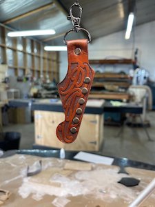 Leather: Moko Leather Guitar Strat Headstock Maori Design Keyring