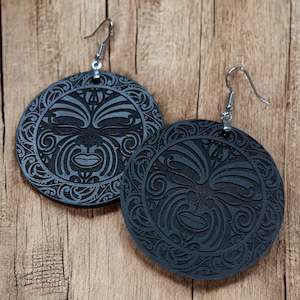 Accessories: Earrings - Tamanui - Engraved Black Leather