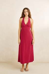 Sunny Days Linen Halter Neck Maxi Dress Wine