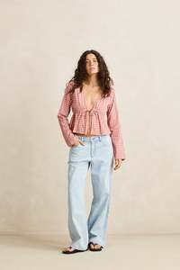 Kirra Check Tie Front Long Sleeve Top Pink