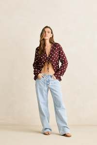 Womens Overswim: Polka Dot Tie Front Shirt  Cafe