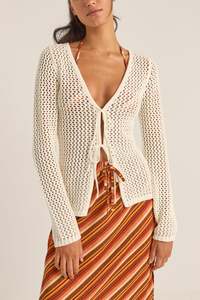 Womens Overswim: Seashell Long Sleeve Tie Front Top White