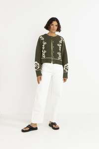 Womens New Arrivals: Antique Floral Crop Cardigan Olive