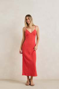 Sunny Days Linen Bias Midi Dress Cherry