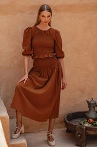 Lavena Smocked Midi Linen Skirt - Brick