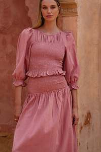 Lavena Smocked Midi Linen Skirt - Rose