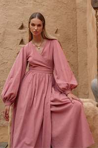 Timeless Classic Linen Range: Emerie Long Sleeve Wrap Dress - Pink