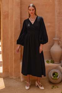 Emerie Long Sleeve Wrap Dress - Black