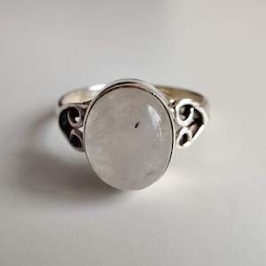 Stirling Silver Rings: Moonstone Oval 925 Sterling Silver Ring with Heart Design