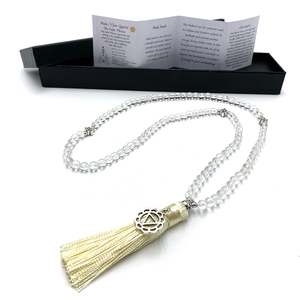 Clear Quartz: Clear Quartz Mala Beads with Solar Plexus Chakra Charm- 108 Beads