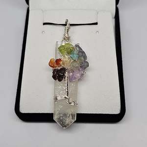 Clear quartz chakra wrapped pendant