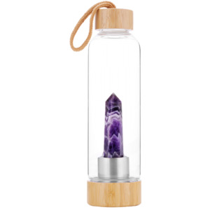 Crystal Point Drinking Bottle with Bamboo Base - Amethyst RivendellWorld
