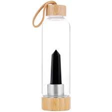 Crystal Point Drinking Bottle with Bamboo Base - Black Obsidian RivendellWorld