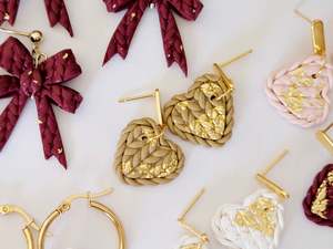 Sale: Knitted Clay Hearts Latte Earrings