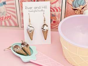 Hooks: Ice Cream Cone Chocolate Swirl Earrings