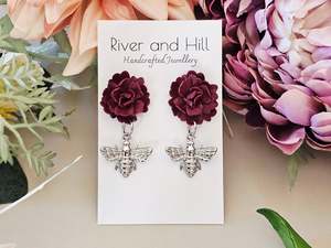 Stud Back: Carnation and Bee Charm Silver Earrings
