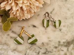 Striped Hoop Heart Earrings Olive and Sage Green
