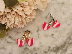 Striped Hoop Heart Earrings Pink and Red