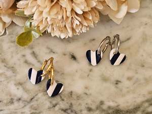 Hoops: Striped Hoop Heart Earrings Navy and White