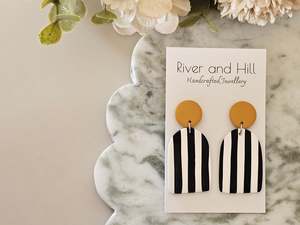 Stud Back: Striped Statement Earrings Black, White and Mustard