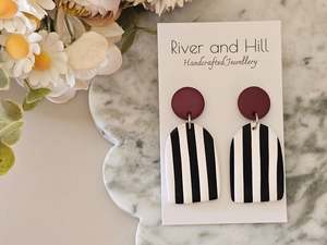 Striped Statement Earrings Black, White and Burgundy