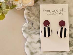 Striped Earrings Black, White and Burgundy