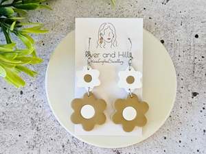 Sale: Retro Bloom White and Beige Hook Earrings