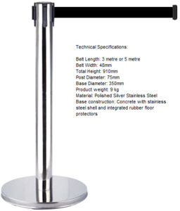 RMS Retractable belt barrier system - 3 metre - black