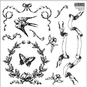 IOD Decor Stamp 15.5 x 15.5cm - Countryside Memoirs (Mini Stamp - 4 sheets) with masks