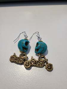 Earrings Brown Motorbike- Turquoise Skull