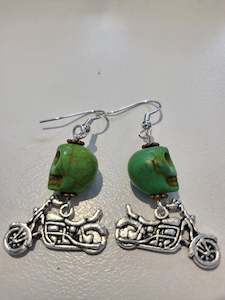 Womens Clearance Sale: Earrings Silver Motorbike - Green Skull