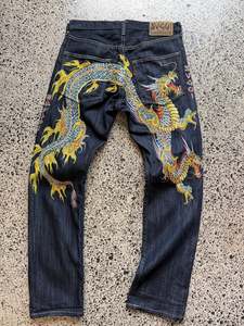 Jeans: Rare Sugoi Jeapanese Denim with Embroidered Dragon - 32W x 32L