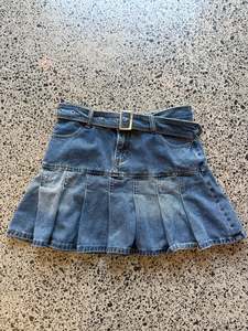 Mini Skirts: Pleated Denim Mini Skirt with Belt - S