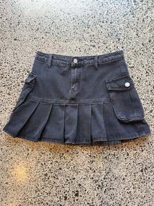 Pleated Black Denim Mini Skirt - S