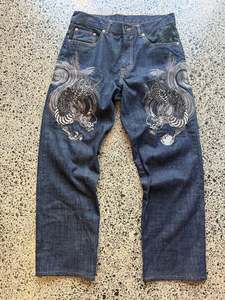 Jeans: Script Original Japanese Embroidered Denim Jeans - 32W - 28L