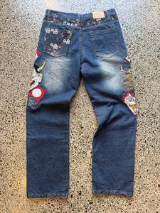 Jeans: Fugutaiten Japanese Embroidered Denim Jeans - 32W x 34L