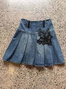 Mini Skirts: Denim Pleated Midi Skirt with Embroidery - S