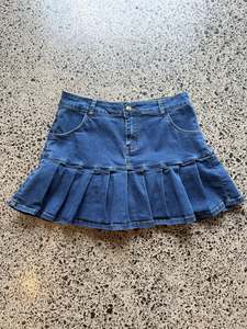 Dark Blue Pleated Denim Mini Skirt - S