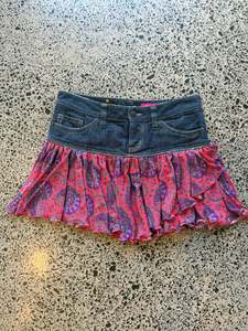 Mini Skirts: Blue Denim & Fabric Mini Skirt - S