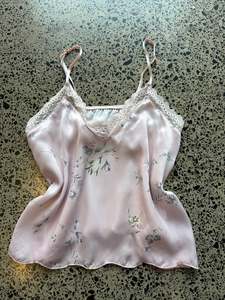 Womens Wear: Floral Pink Satin Cami with Lace Detailing - S