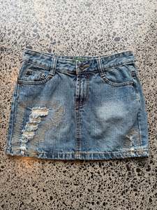Blue Denim Mini Skirt with Faded Rips - S