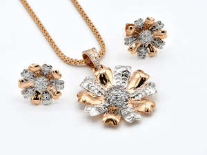 22ct Gold Pendant Earrings Set: 18ct Rose Gold Two Tone CZ Flower Pendant Earrings Set