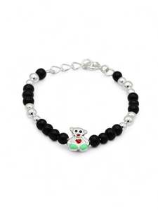 Baby Silver: Sterling Silver Black Beads Teddy Bear Baby Bracelet